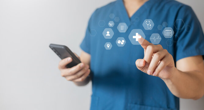 close up specialist doctor man hand hold smartphone to use program of telemedicine with virtual icon of medical for modern an innovation of healthcare technology concept - Powered by Adobe