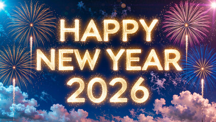Happy new year 2026 sparkling text with fireworks and a night sky