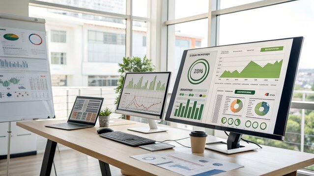 Modern office desk with multiple computer monitors displaying financial data