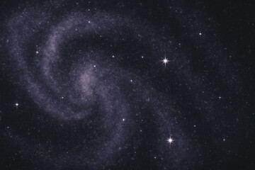 Distant spiral galaxy swirls with bright stars against dark space