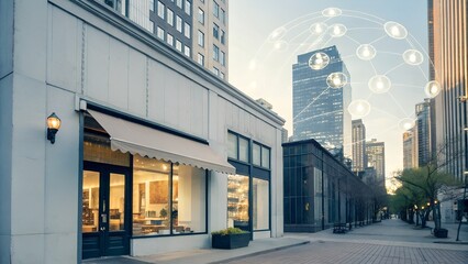 Urban street scene with modern buildings and a storefront