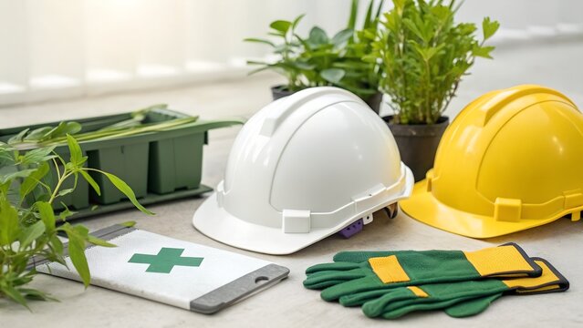 Construction safety gear and greenery symbolizing eco friendly building practices