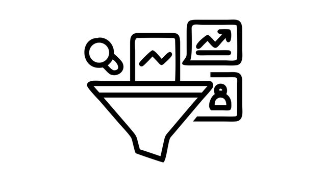Data analysis funnel with reports, graphs, and user icons, illustrating the process of filtering and selecting relevant information.