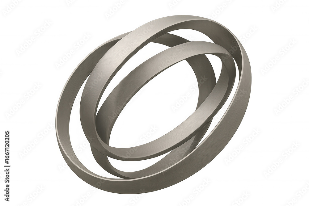 Poster two metallic rings intertwining and rotating on a transparent background, creating a modern and abst