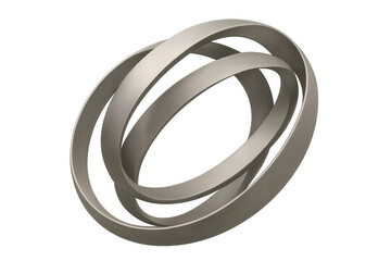 Two metallic rings intertwining and rotating on a transparent background, creating a modern and abstract design