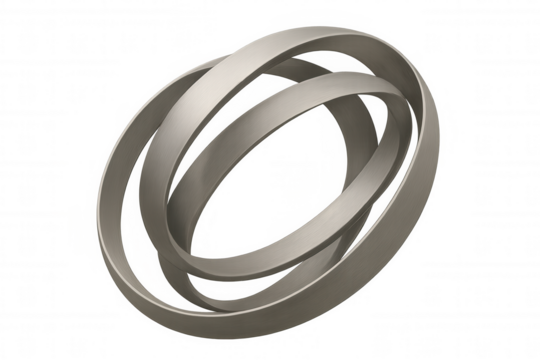 Two metallic rings intertwining and rotating on a transparent background, creating a modern and abstract design