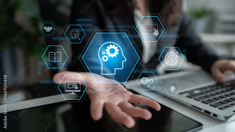 Poster head with gear and icons representing learning, digital training, and development process, showing s
