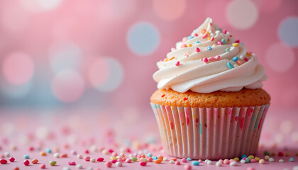 Festive Birthday Dessert with Pink Icing, Sprinkles, and Candle, Copy Space
