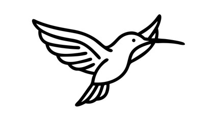 Fototapeta premium Simple black and white line art illustration of a hummingbird in flight with wings spread.