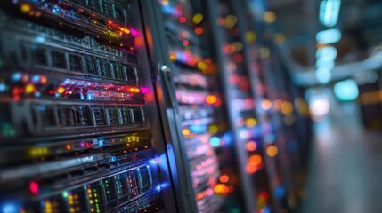 Medium shot of a secure server rack with blinking lights dedicated to anonymized environmental data room setup blurred around it.