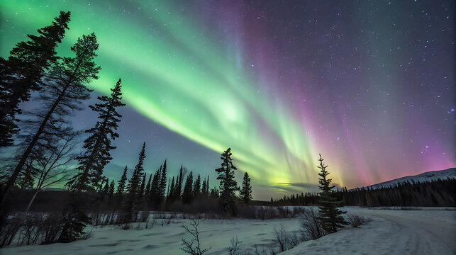 Beautiful aurora borealis over the snowy landscape at night