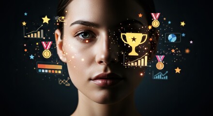 A womans face overlaid with achievement icons trophy graphs medal stars
