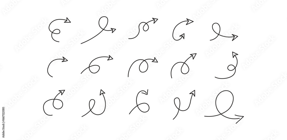 Poster collection of hand drawn style arrows pointing in different directions on a transparent background
