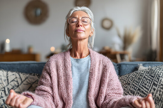 Middle aged woman meditating at home with eyes close, relaxing body and mind i a living room. Mental heath and meditation for no sress concept. Self care an wellbeing. High quality poto