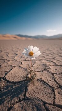 Resilience in Bloom: A delicate single daisy, a testament to the tenacious will of nature to thrive, rises from the cracked earth in a stunning showcase of nature's ability to endure.