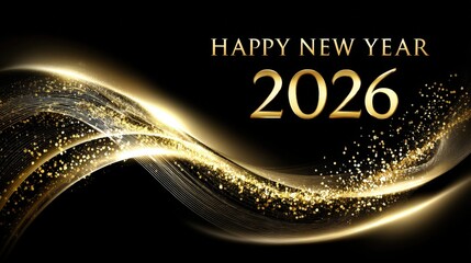 Bright golden numbers represent the year 2026, radiating warmth and positivity. The backdrop features dynamic swirls, embodying the festive spirit of a fresh start in the new year