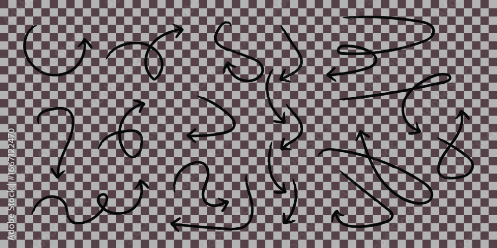 Poster various hand drawn black arrows pointing in different directions on transparent background pattern i