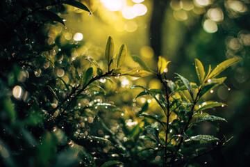 Soft bokeh effect highlights a vibrant green garden, where droplets of water cling to leaves, shimmering in warm sunlight