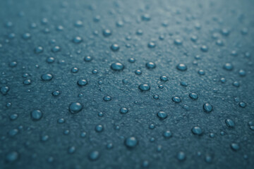 Close up of water droplets on a textured teal surface