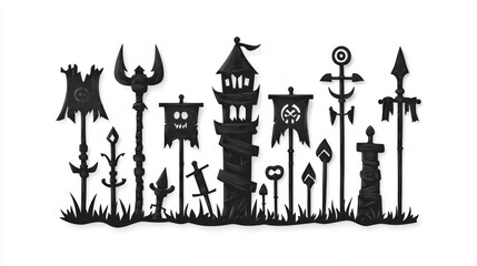 An artistic silhouette collection of fantasy symbols, banners, and a tower, ideal for creative projects.