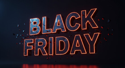 Black friday text with shattered effect and orange glowing outline on dark background for sale promotion