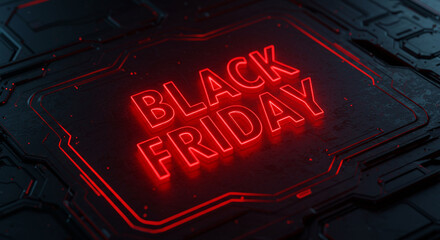 Red neon black friday sign on dark futuristic surface with glowing lines and geometric shapes