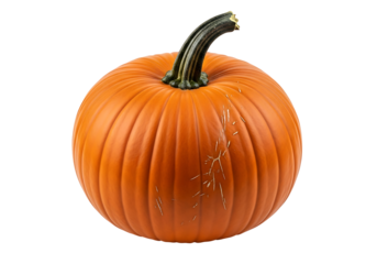 A single, vibrant orange pumpkin, its smooth, ribbed surface showcasing subtle imperfections, is presented against a stark black background.