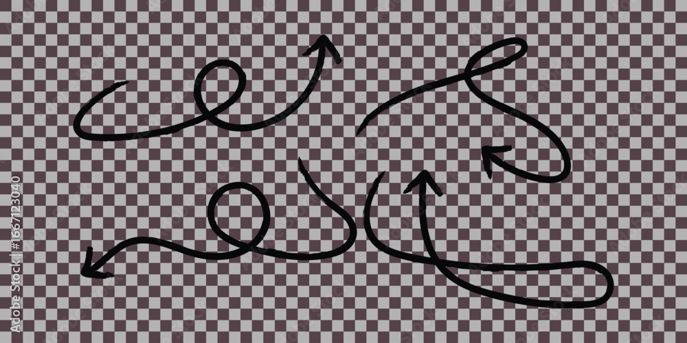 Poster a collection of hand drawn arrows with swirls and curves on a checkered transparent background
