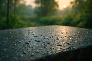Dewdrops glistening on a dark surface at sunrise in a forest