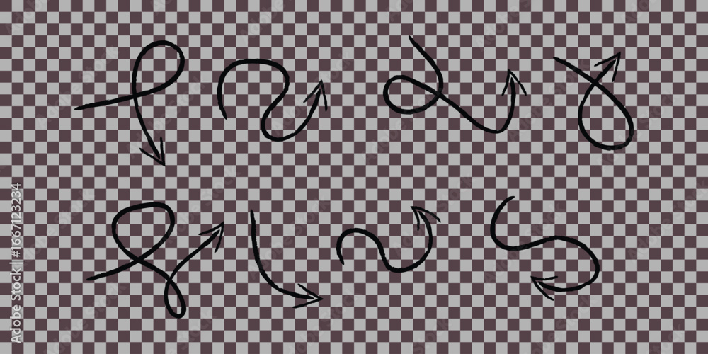 Poster collection of seven hand drawn black arrows with curved lines on a transparent background design ele