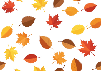 A vibrant autumnal design features a seamless pattern of various colorful leaves against a dark backdrop.