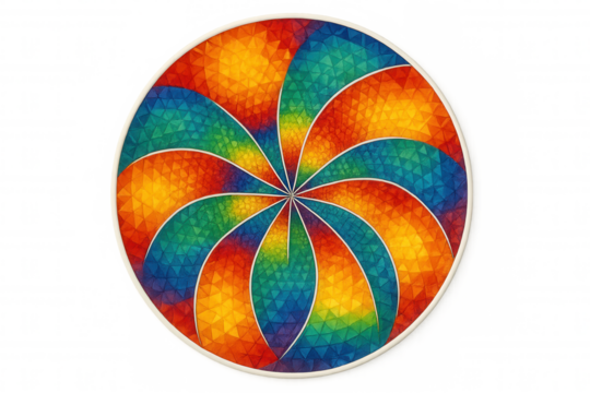Rainbow gradient spiraling in circular pattern, generating psychedelic visual effect with transparent background, ideal for graphic design projects