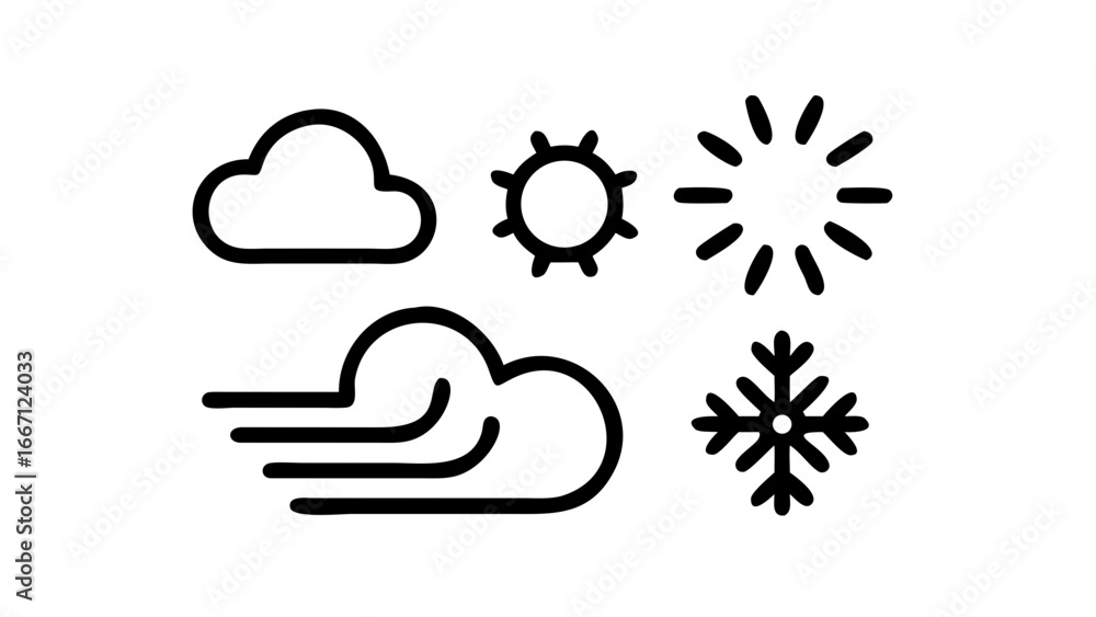 Poster a collection of simple line art icons representing various weather conditions like clouds, sun, wind