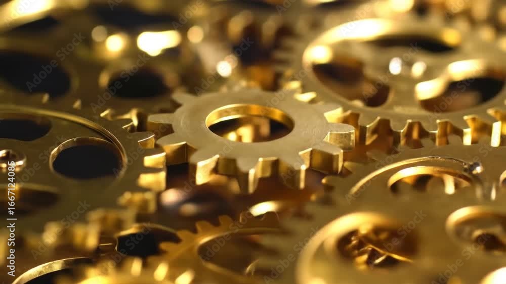 Poster closeup of interlocking golden gears forming a complex mechanism against a dark background symbolizi