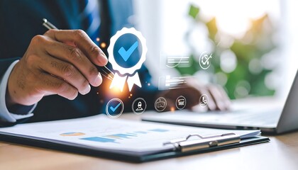 Businessman Approving Document with Digital Checkmark Overlay.