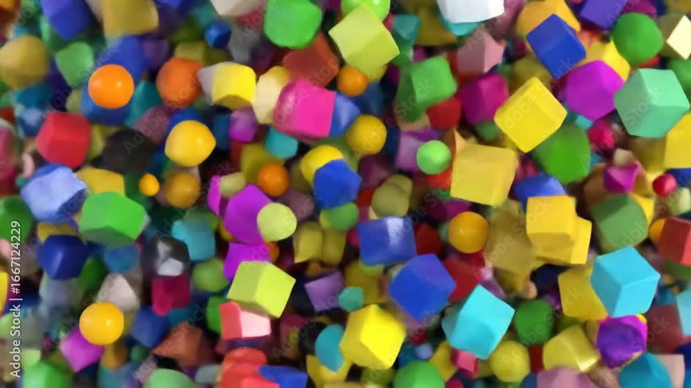 Aufkleber abstract 3d render of a vibrant pile of multicolored cubes and spheres in dynamic geometric arrangem