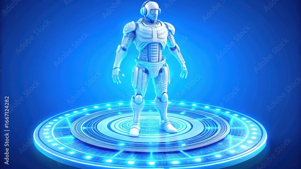 Poster explainable ai futuristic robot design on a glowing platform against a blue background.