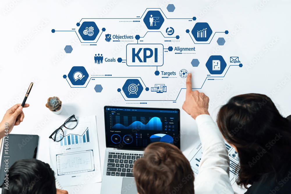 Aufkleber a diverse business team collaborates at a modern office space, analyzing key performance indicators 