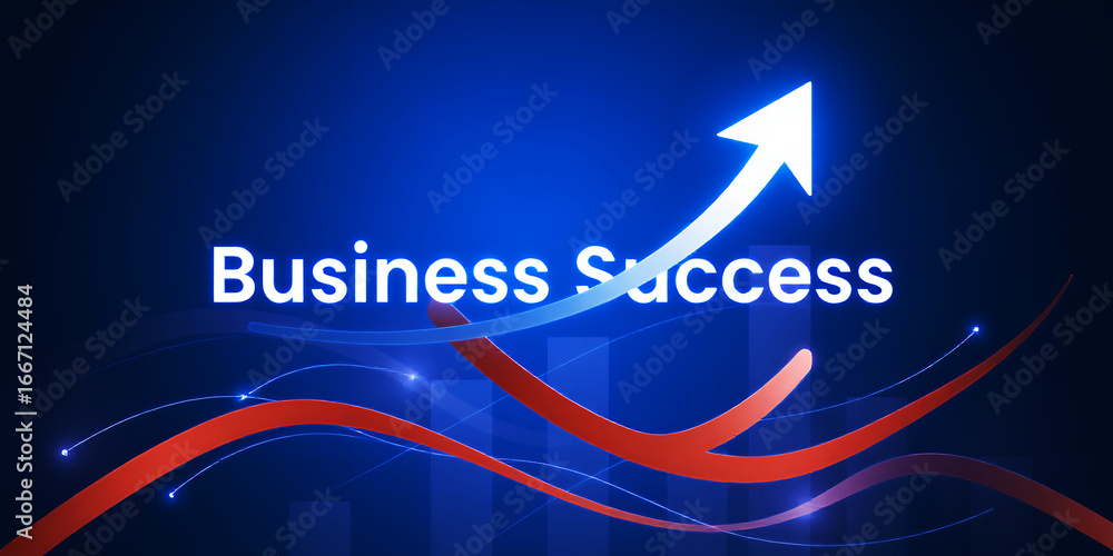 Poster business success text with upward arrow and red lines on a blue gradient background