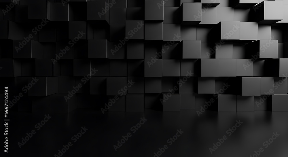 Poster a dark abstract background with a geometric pattern of black cubes