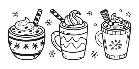 hand drawn winter hot chocolate mugs with whipped cream cinnamon sticks and snowflake decorations isolated on white background.