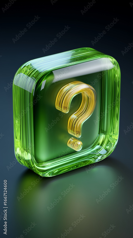 Poster enigmatic query: a 3d rendering of a luminous green cube with a striking golden question mark suspen