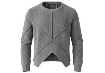 A contemporary, gray knitted sweater features a distinctive, geometric pattern of diagonal seams.