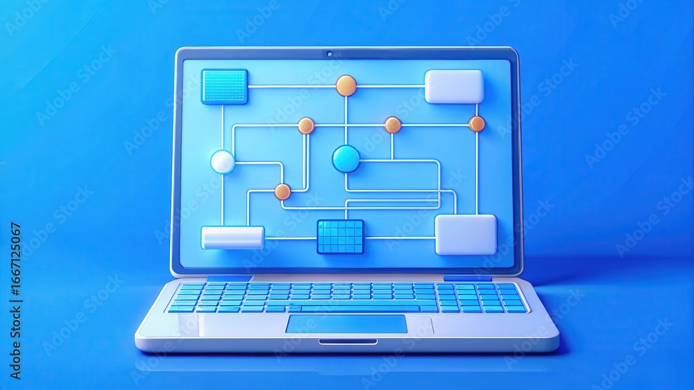 Poster explainable ai illustration of a laptop displaying a network diagram on a blue background.