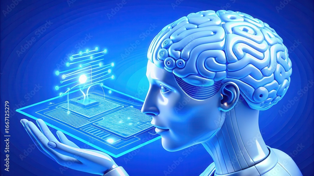 Poster explainable ai a futuristic representation of a human brain integrated with technology.