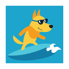 Yellow dog wearing sunglasses surfing on a blue wave
