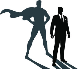 Fototapeta premium Businessman silhouette with superhero shadow, leadership and confidence concept, power, ambition, success, inspiration, motivation, achievement, strength, vision, professional growth, potential