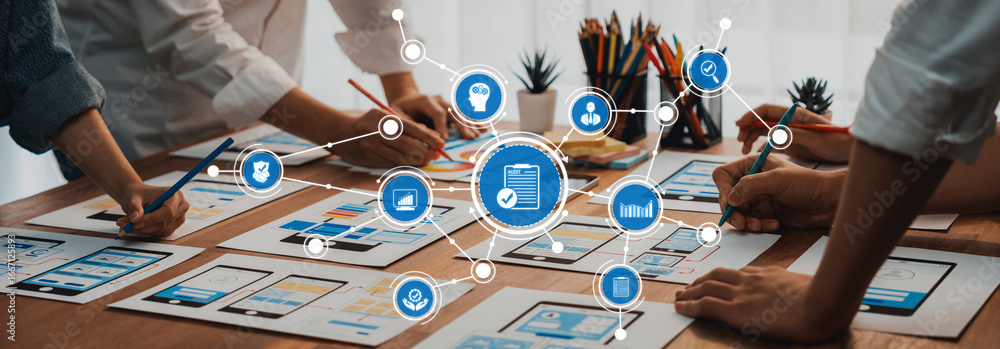 Poster a diverse team collaborates on user interface design concepts, sketching mobile app mockups and shar