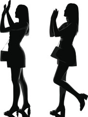 Silhouette of fashionable young women standing, holding hands together, carrying handbags, stylish poses, modern lifestyle, elegance, beauty, art, design, glamour