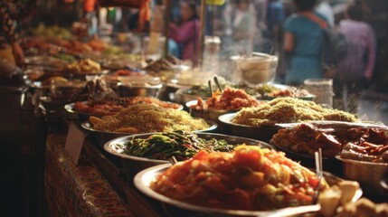 Obraz premium Medium footage of a vibrant ethnic food market stall focused on the colorful dishes and ingredients while the bustling crowd in the background remains out of focus.